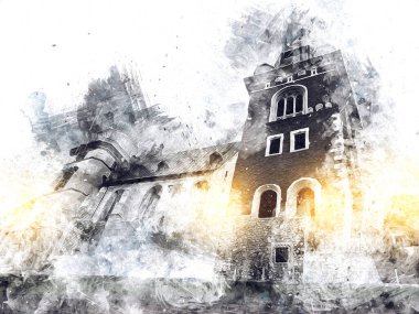 Eski şehir Krakow sanat illüstrasyonları antika