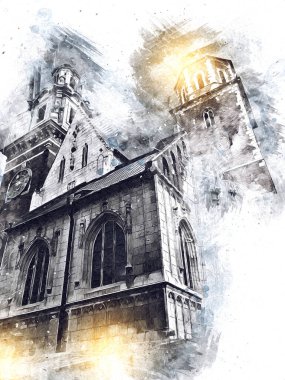 Eski şehir Krakow sanat illüstrasyonları antika