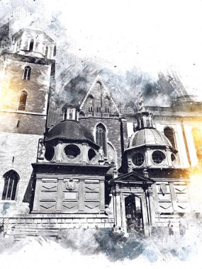 Eski şehir Krakow sanat illüstrasyonları antika