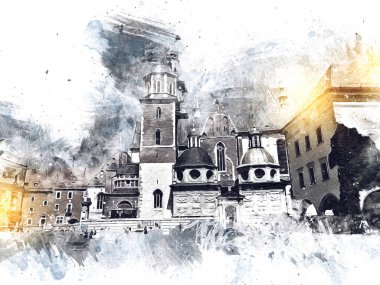 Eski şehir Krakow sanat illüstrasyonları antika