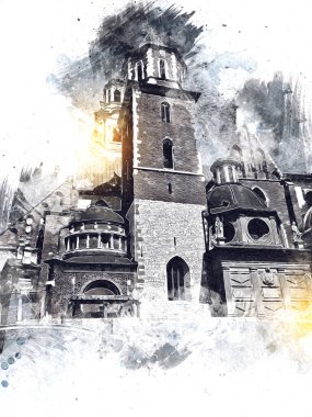 Eski şehir Krakow sanat illüstrasyonları antika