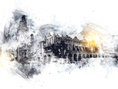 Eski şehir Krakow sanat illüstrasyonları antika