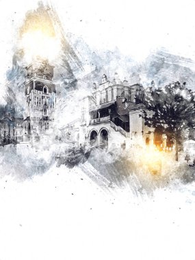 Eski şehir Krakow sanat illüstrasyonları antika