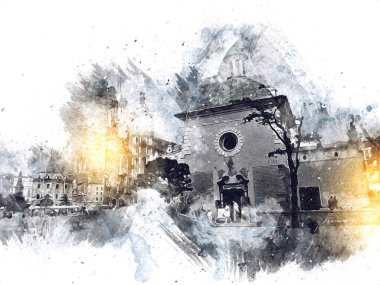 Eski şehir Krakow sanat illüstrasyonları antika