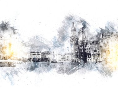 Eski şehir Krakow sanat illüstrasyonları antika