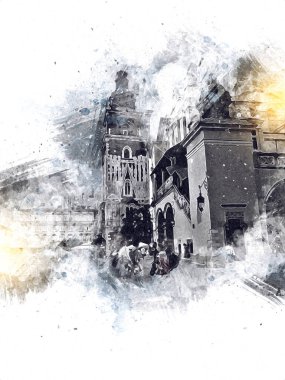 Eski şehir Krakow sanat illüstrasyonları antika