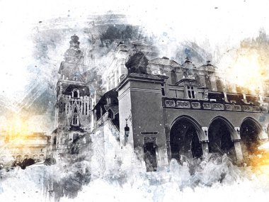 Eski şehir Krakow sanat illüstrasyonları antika