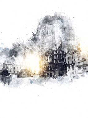 Eski şehir Krakow sanat illüstrasyonları antika