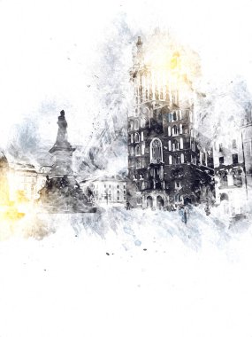 Eski şehir Krakow sanat illüstrasyonları antika