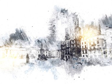 Eski şehir Krakow sanat illüstrasyonları antika