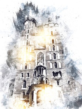 Eski şehir Krakow sanat illüstrasyonları antika