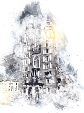 Eski şehir Krakow sanat illüstrasyonları antika