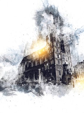 Eski şehir Krakow sanat illüstrasyonları antika