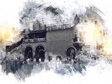 Eski şehir Krakow sanat illüstrasyonları antika