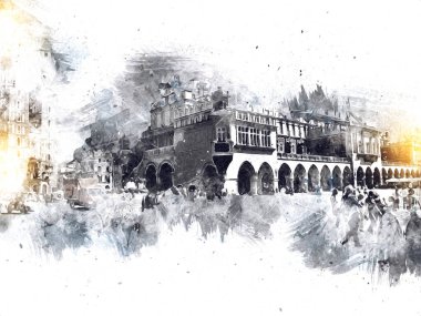 Eski şehir Krakow sanat illüstrasyonları antika