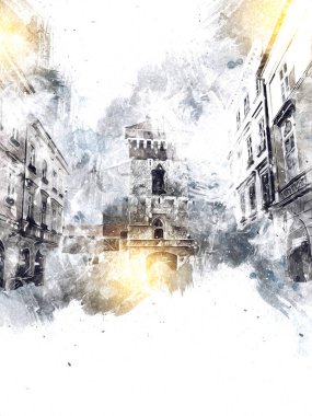 Eski şehir Krakow sanat illüstrasyonları antika