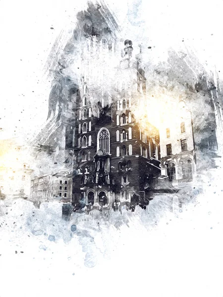 Eski şehir Krakow sanat illüstrasyonları antika