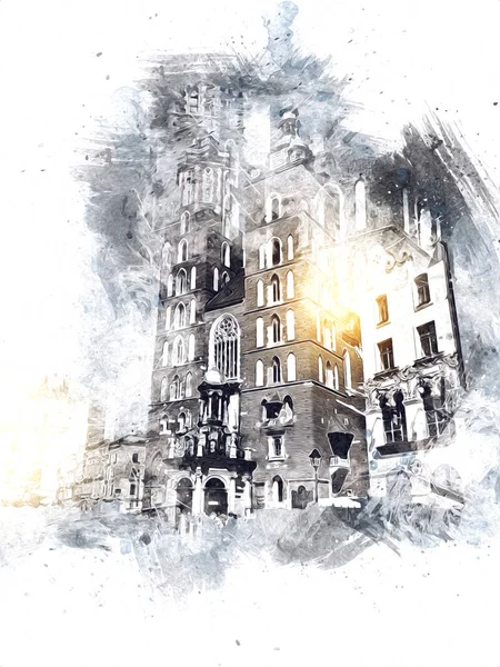 Eski şehir Krakow sanat illüstrasyonları antika