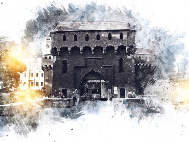 Eski şehir Krakow sanat illüstrasyonları antika