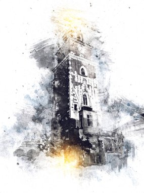 Eski şehir Krakow sanat illüstrasyonları antika