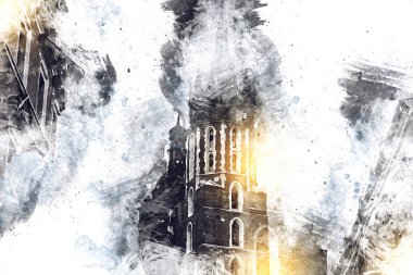 Eski şehir Krakow sanat illüstrasyonları antika