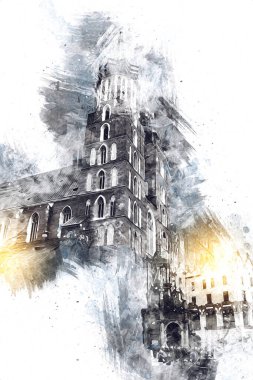 Eski şehir Krakow sanat illüstrasyonları antika