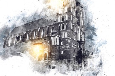 Eski şehir Krakow sanat illüstrasyonları antika