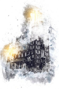 Eski şehir Krakow sanat illüstrasyonları antika