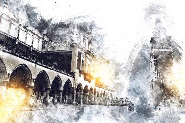 Eski şehir Krakow sanat illüstrasyonları antika