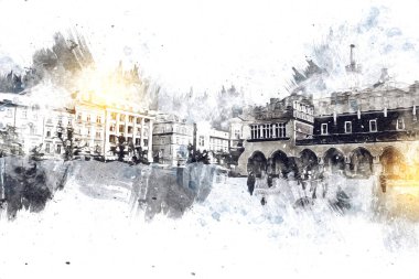 Eski şehir Krakow sanat illüstrasyonları antika