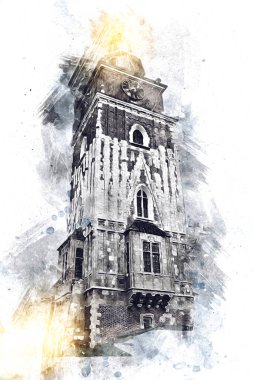 Eski şehir Krakow sanat illüstrasyonları antika