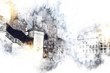 Eski şehir Krakow sanat illüstrasyonları antika