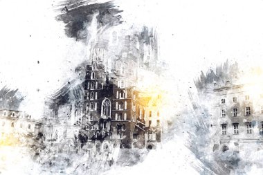 Eski şehir Krakow sanat illüstrasyonları antika