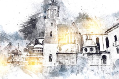 Eski şehir Krakow sanat illüstrasyonları antika