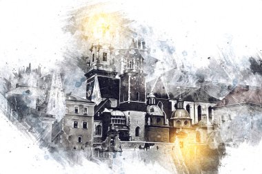 Eski şehir Krakow sanat illüstrasyonları antika