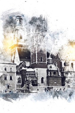 Eski şehir Krakow sanat illüstrasyonları antika