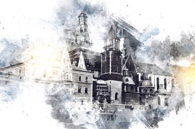 Eski şehir Krakow sanat illüstrasyonları antika