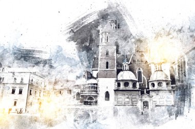 Eski şehir Krakow sanat illüstrasyonları antika