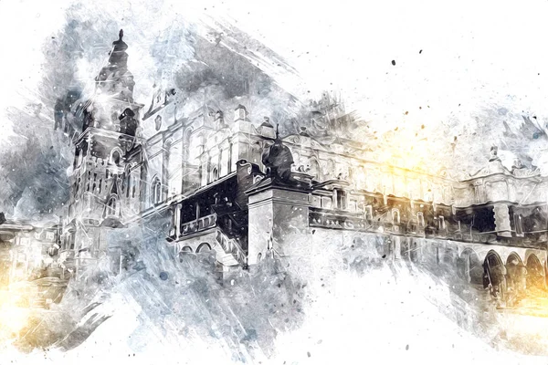 Eski şehir Krakow sanat illüstrasyonları antika