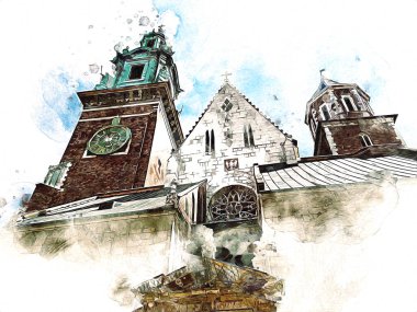 Eski şehir Krakow sanat illüstrasyonları antika