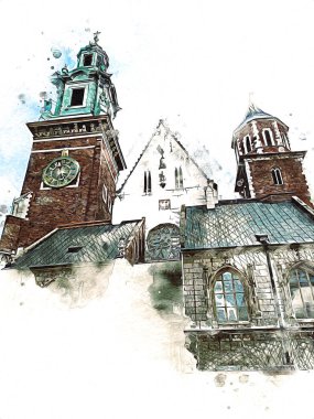 Eski şehir Krakow sanat illüstrasyonları antika