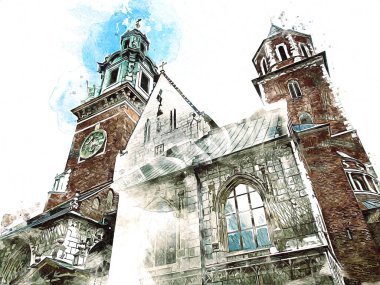 Eski şehir Krakow sanat illüstrasyonları antika