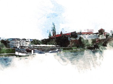 Eski şehir Krakow sanat illüstrasyonları antika