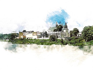 Eski şehir Krakow sanat illüstrasyonları antika