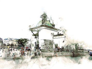 Eski şehir Krakow sanat illüstrasyonları antika