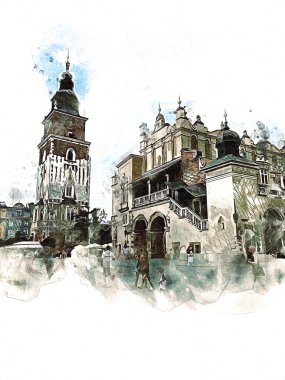 Eski şehir Krakow sanat illüstrasyonları antika