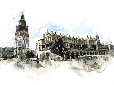 Eski şehir Krakow sanat illüstrasyonları antika