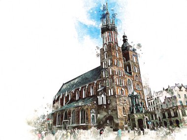Eski şehir Krakow sanat illüstrasyonları antika