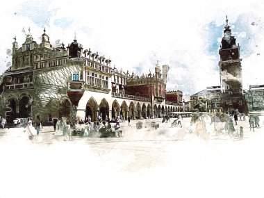 Eski şehir Krakow sanat illüstrasyonları antika