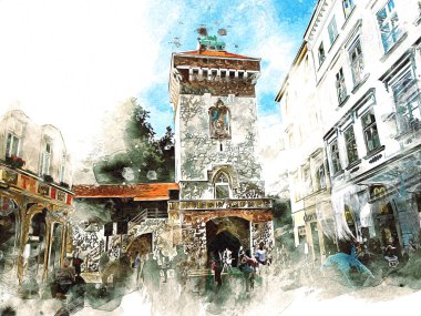 Eski şehir Krakow sanat illüstrasyonları antika